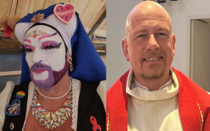 Nebeneinander liegendes Foto: Links eine Person in farbenfrohem Drag-Make-up und Kostüm mit leuchtenden Accessoires und Anstecknadeln; rechts ein lächelnder Mann mit Glatze in klerikaler Kleidung mit roter Stola.