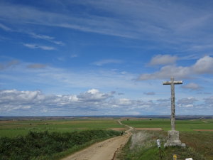 Ein Feldweg schlängelt sich durch grüne Felder unter einem weiten blauen Himmel mit vereinzelten Wolken. Auf der rechten Seite des Weges steht ein großes Steinkreuz.