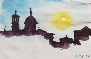Das Aquarell zeigt eine Stadtsilhouette mit Kirchenkuppeln und -türmen, die sich vor einer strahlend gelben Sonne und einem blauen Himmel abzeichnen. In der unteren rechten Ecke steht das Datum 25.4.21.