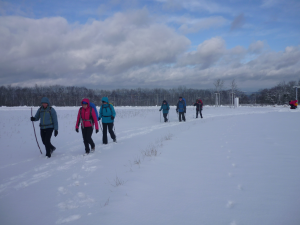 Eine Gruppe von Menschen in Winterkleidung wandert durch eine verschneite Landschaft unter einem bewölkten Himmel und hinterlässt Fußspuren im Schnee, während sie in einer Reihe über ein offenes Feld gehen.