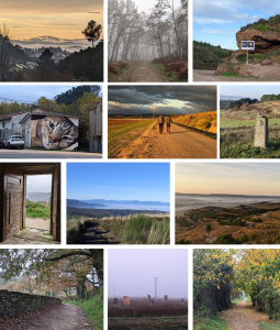 Eine Collage aus malerischen Landschaften, ländlichen Wegen, Straßenkunst, nebligen Wäldern, offenen Feldern, historischen Wahrzeichen und Küstenansichten, die eine Vielzahl natürlicher und kultureller Elemente zu verschiedenen Jahres- und Tageszeiten zeigt.