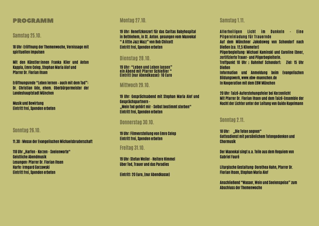 Ein deutschsprachiges Veranstaltungsprogramm auf gelbem Hintergrund, das vom 25. Oktober bis zum 2. November tägliche Aktivitäten und Aufführungen auflistet, darunter Ausstellungseröffnungen, Lesungen, Musik und Diskussionen mit Zeiten und Orten.