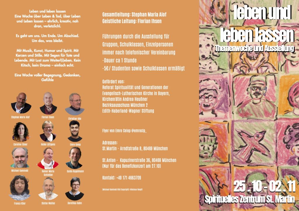Bunter Ausstellungsflyer mit abstrahierten Gesichtern auf der rechten Seite, Veranstaltungsdetails auf der linken Seite, Fotos der acht Referenten, Titel "Leben und leben lassen" und Veranstaltungsdaten: 25. Oktober bis 2. November im Spirituellen Zentrum St. Martin, München.